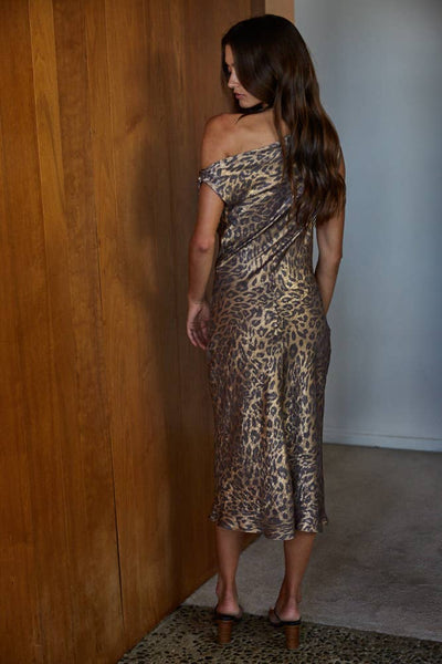 Shimmy Leopard Off Shoulder Midi Dress