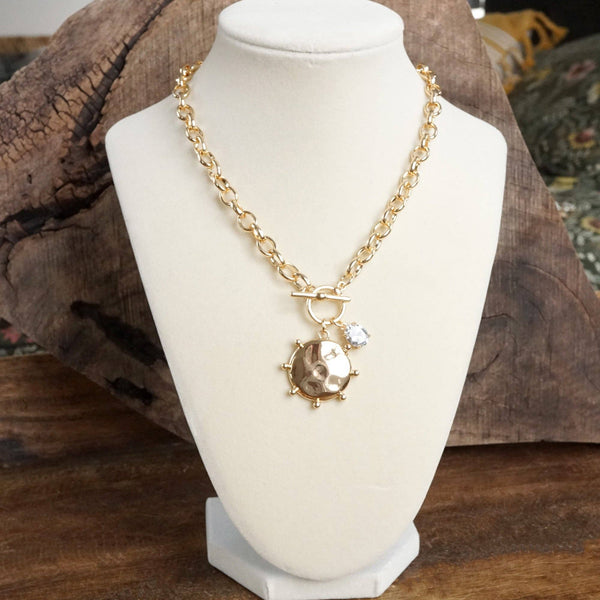 Toggle Hammered Coin & Crystal Charm Necklace