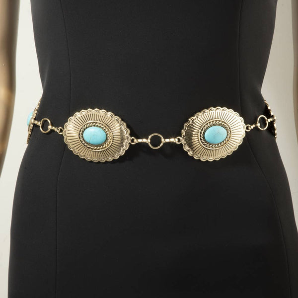 Sunburst Turquoise Concho Wide Chain Belt - Gold