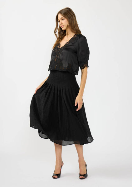Shari Button Front Blouse with Lace Trim - Black