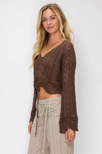 Stassi Open Knit Drawstring Sweater - Brown