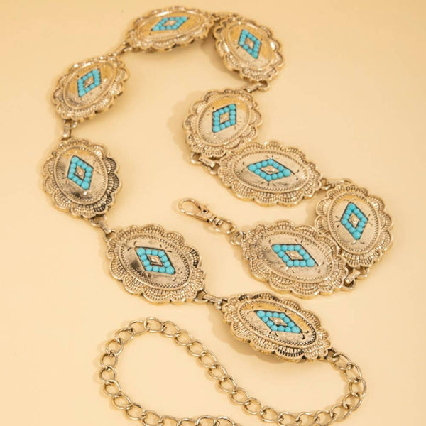 Floral Oval/Diamond Concho Disc Chain Belt