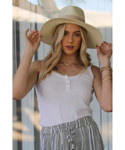 Lace Trim Ribbed Tank Top - White