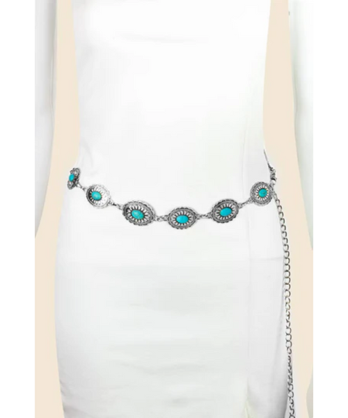 Floral Turquoise Concho Disc Chain Belt - Silver