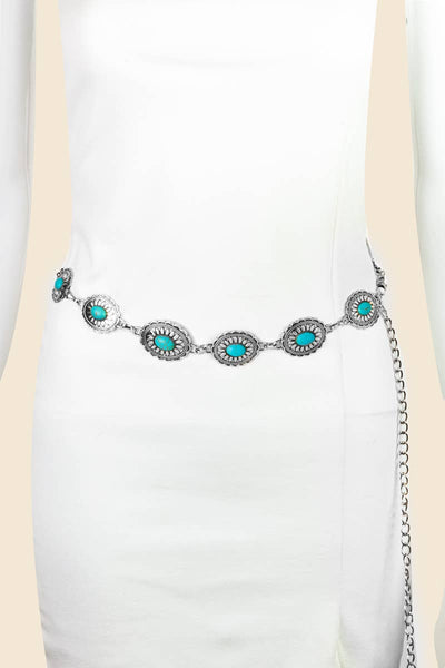 Floral Turquoise Concho Disc Chain Belt - Silver