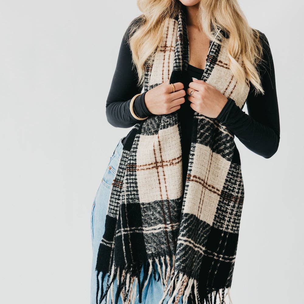 Penny Plaid Fringe Scarf - Black