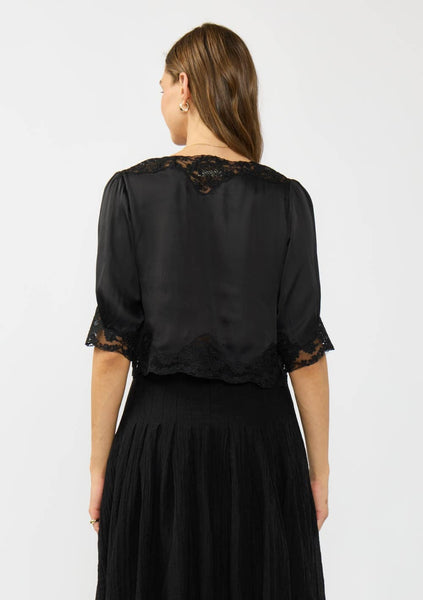 Shari Button Front Blouse with Lace Trim - Black