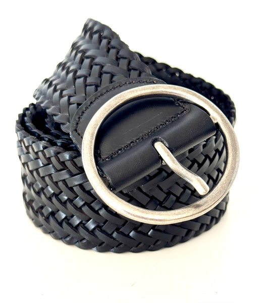 Wide Braided Leather Belt - Black