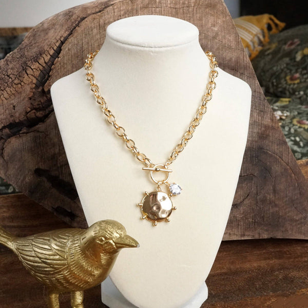 Toggle Hammered Coin & Crystal Charm Necklace