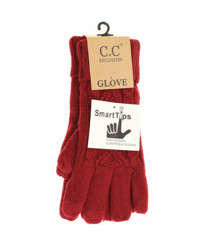 Lined Cable Knit Ribbed Gloves - Burgundy