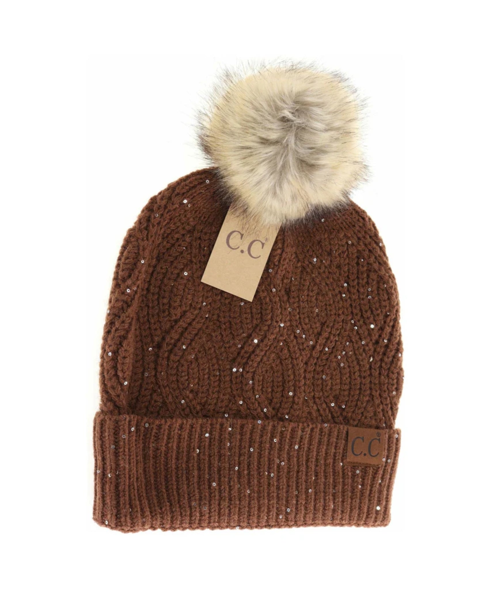 CC Beanie - Sequin Cable Knit - Coffee