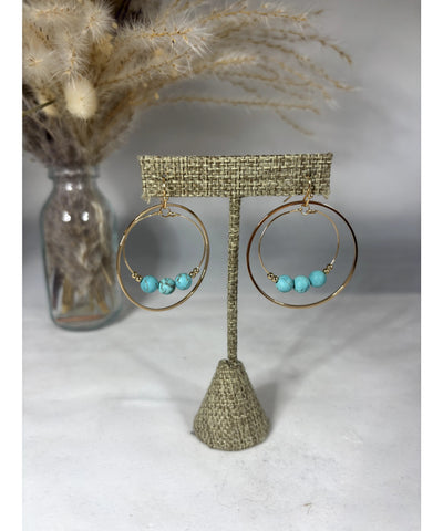 Gold Beaded Hoop Earrings - Turquoise