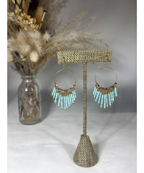Gold Beaded Hoop Chandeleir Earrings - Mint