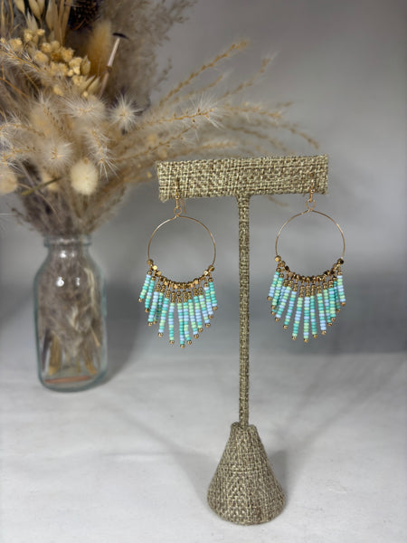 Gold Beaded Hoop Chandeleir Earrings - Mint