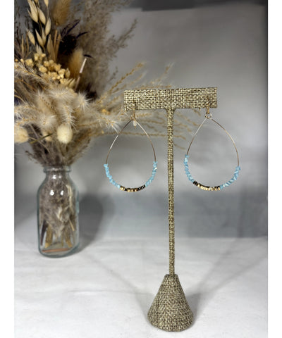 Gold Teardrop Beaded Hoop Earrings - Lt Blue