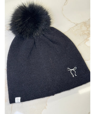 Bow Pom Pom Beanie - Black