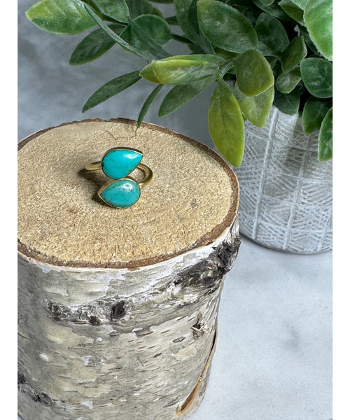 Natural Double Stone Wrap Ring - Turq/Gold