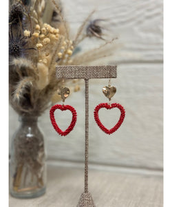 Beaded Double Heart Earrings - Red