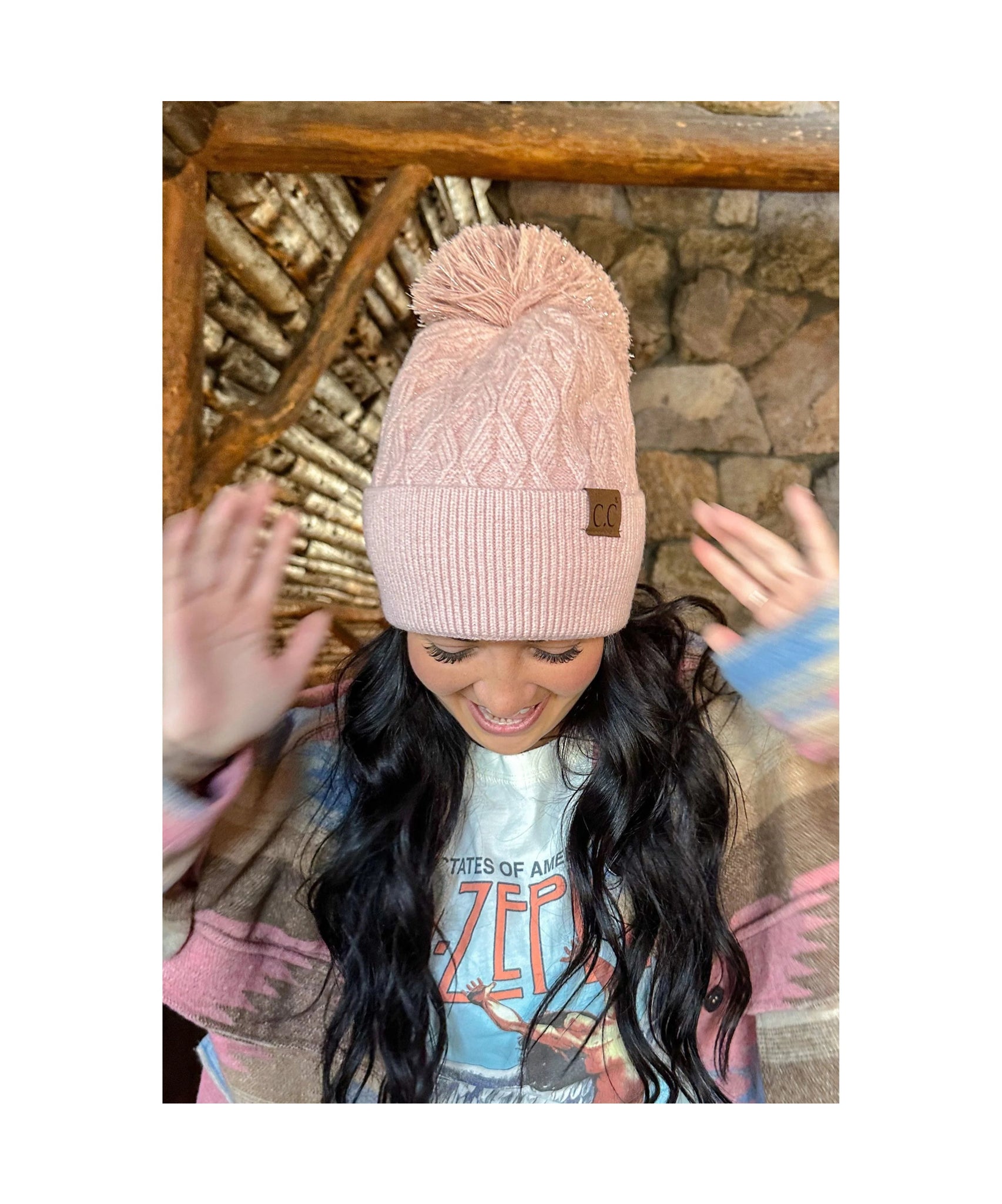 CC Beanie - Cable Knit Metallic - Rose
