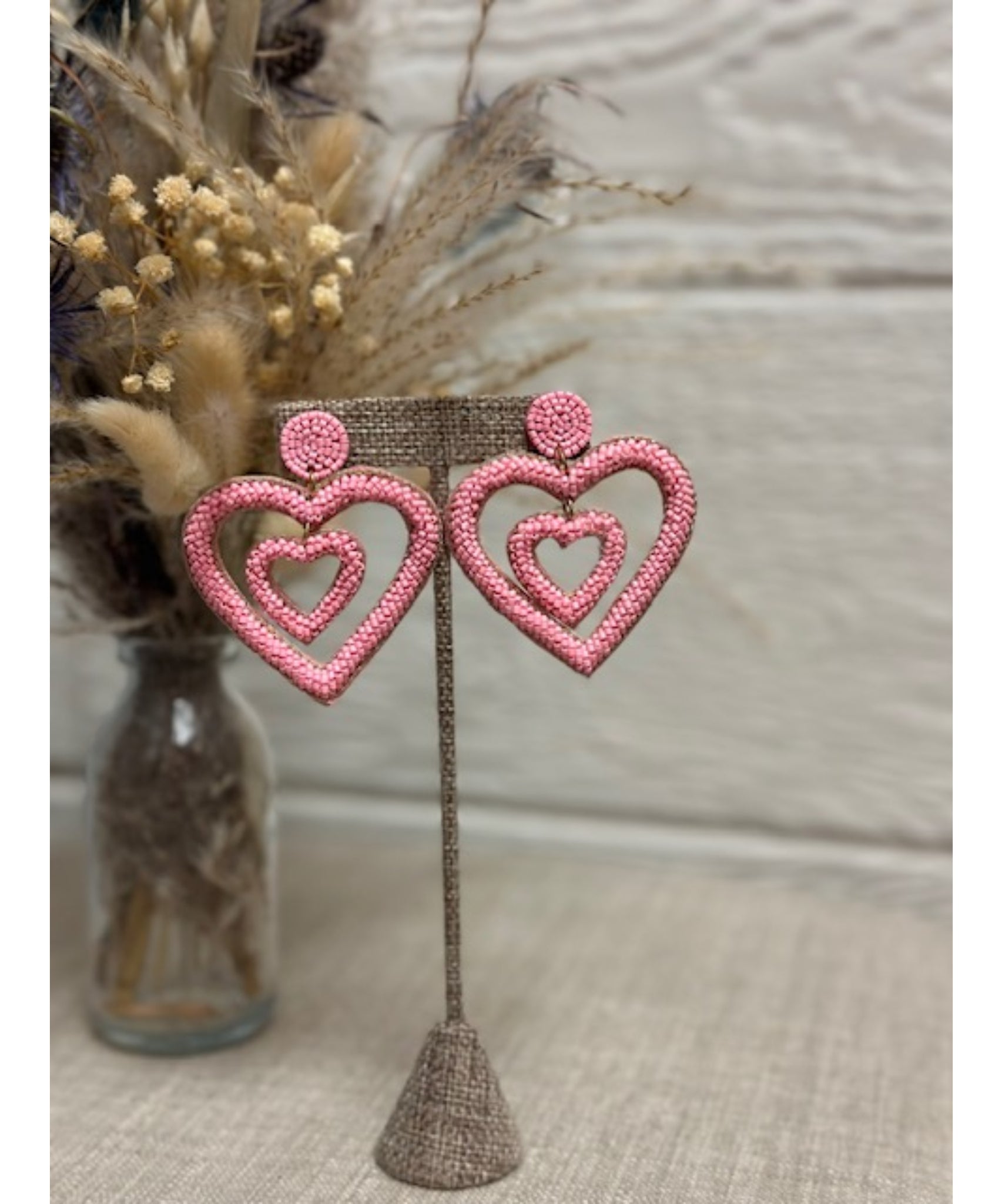 All Heart Beaded Double Heart Earrings - Pink