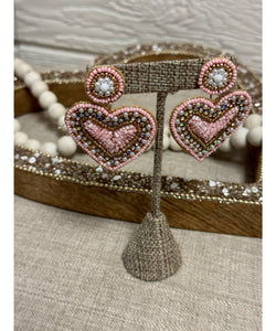 Beaded Heart Earrings - Pink