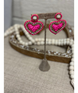 Beaded Heart Earrings - Fuchsia