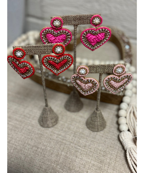 Beaded Heart Earrings - Pink