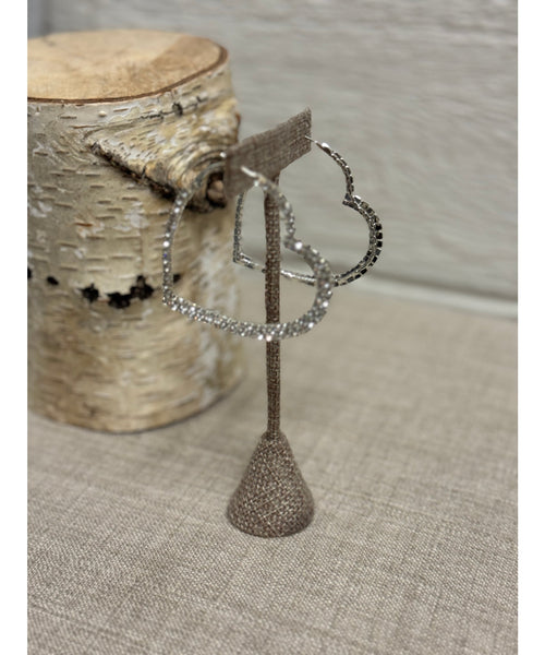 Rhinestone Heart Earrings - Silver