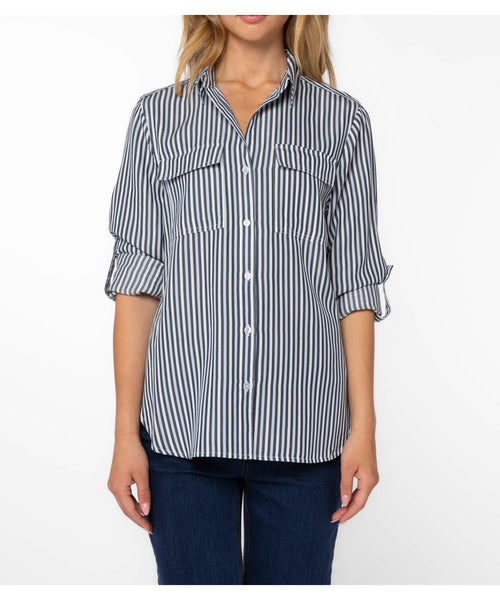 Riley French Striped Button Down - Navy/White