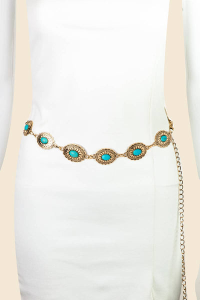 Floral Turquoise Concho Disc Chain Belt - Gold