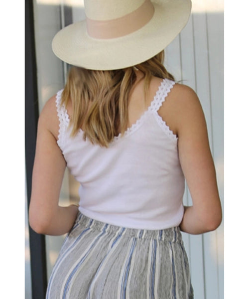 Lace Trim Ribbed Tank Top - White