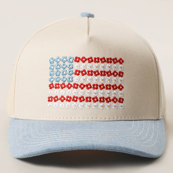 Floral American Flag Embroidered Trucker Hat