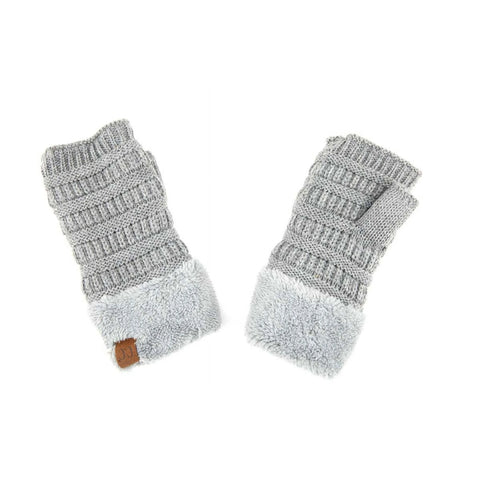 CC Beanie Fingerless Sherpa Lined Gloves - Light Grey