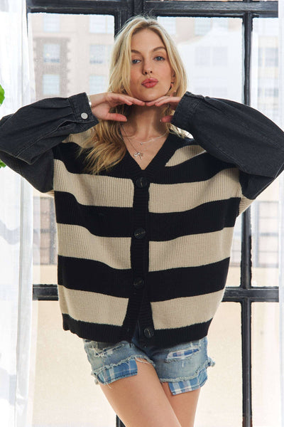 Marlisa Denim Sleeve Striped Cardigan
