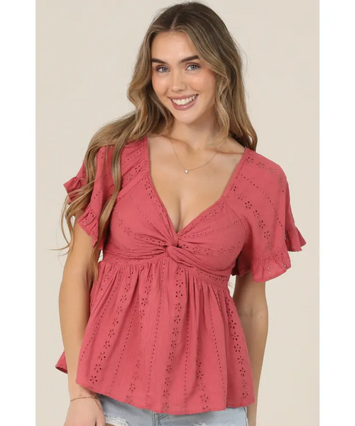 Cammie Twist Front Eyelet Top - Raspberry