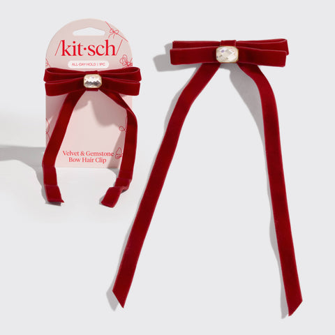 Holiday Velvet & Gemstone Bow Hair Clip