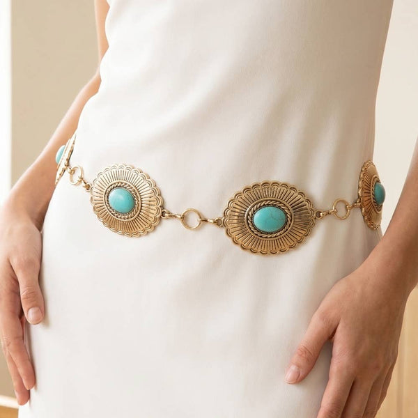 Sunburst Turquoise Concho Wide Chain Belt - Gold