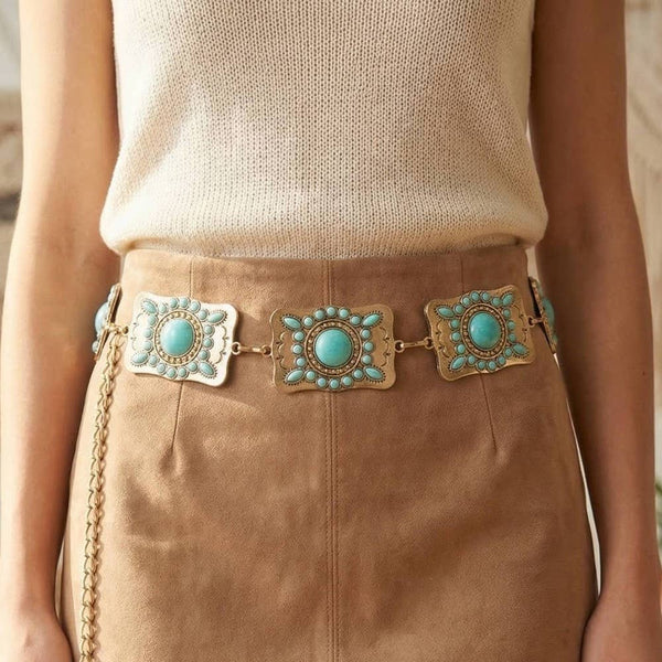 Dutton Turquoise Studded Rectangle Concho Chain Belt - Gold