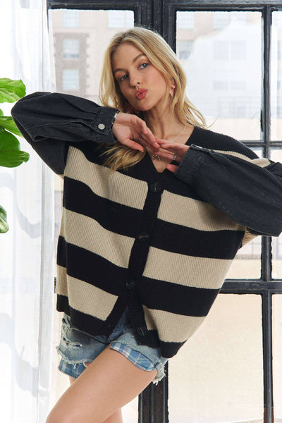 Marlisa Denim Sleeve Striped Cardigan