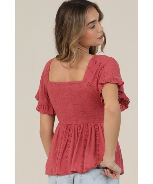 Cammie Twist Front Eyelet Top - Raspberry