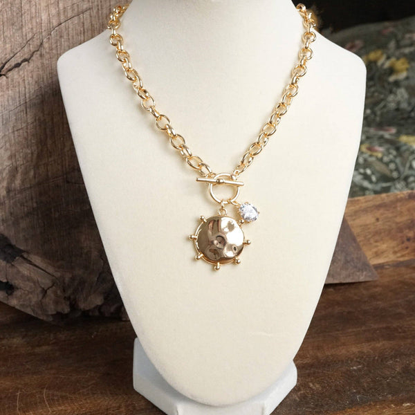 Toggle Hammered Coin & Crystal Charm Necklace