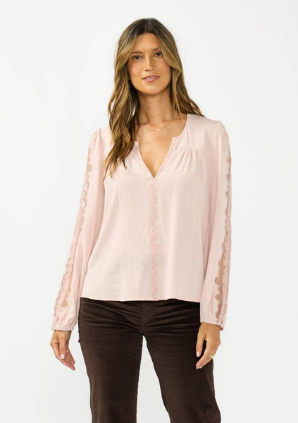 Toni Split Neck Blouse with Floral Embroidery