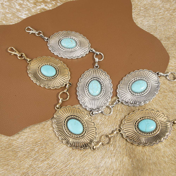 Sunburst Turquoise Concho Wide Chain Belt - Gold