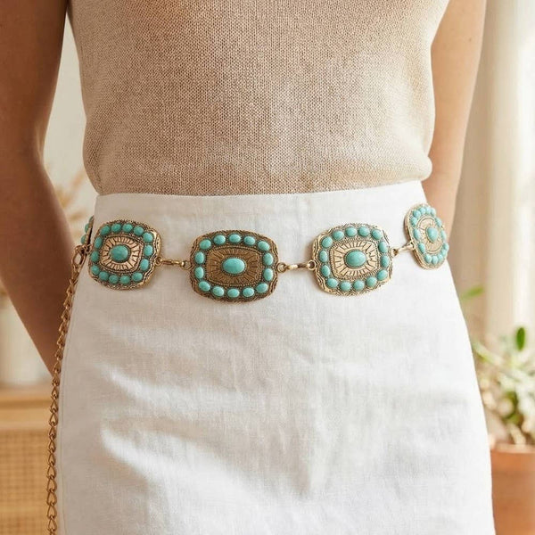 Western Turquoise Round Studded Rectangle Concho Chain Belt - Gold