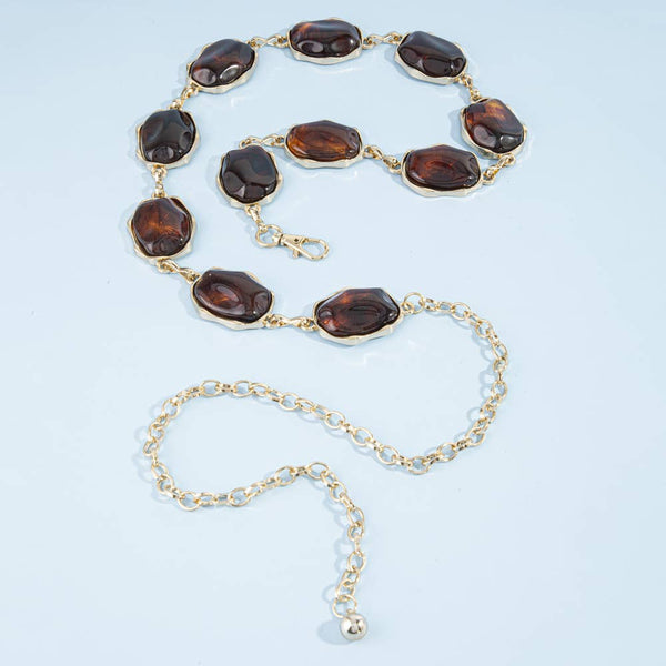 Tortoise Cabochon Gold Chain Belt - Brown