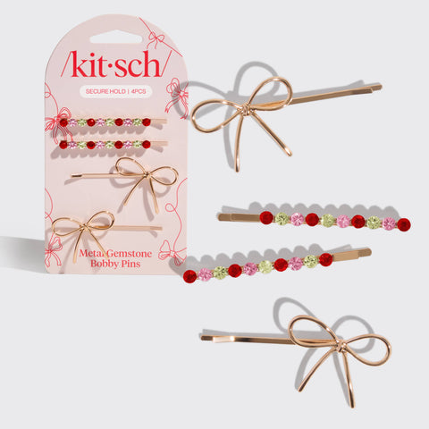 Holiday Gemstone & Bow Bobby Pins 4pc Set