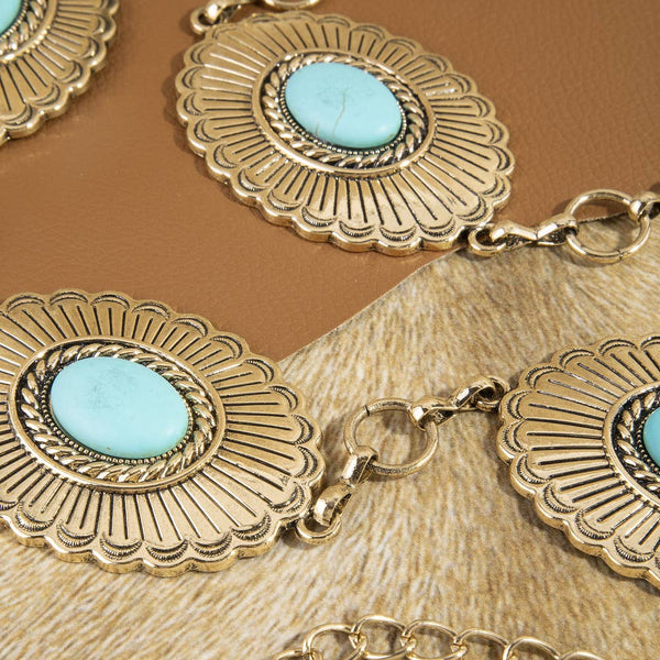 Sunburst Turquoise Concho Wide Chain Belt - Gold