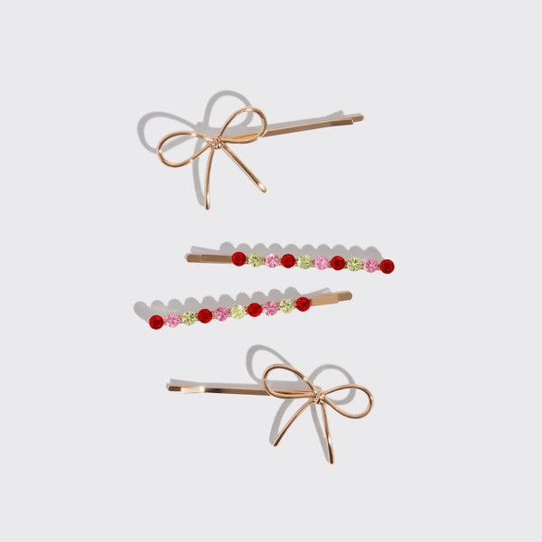 Holiday Gemstone & Bow Bobby Pins 4pc Set