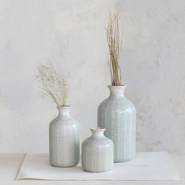 Embossed Stoneware Vases - Grey