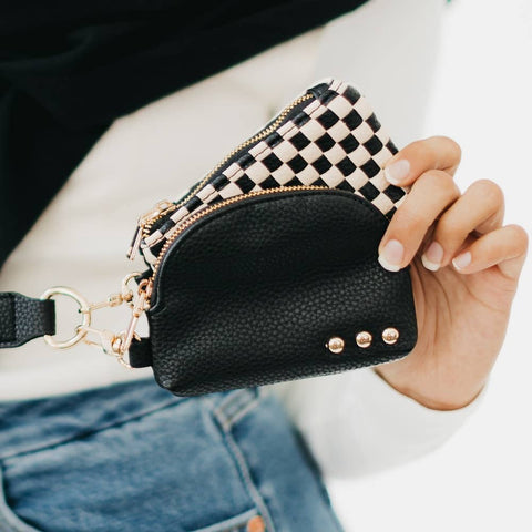 Wonderlust Woven Dual Pouch Wristlet - Black Checkered